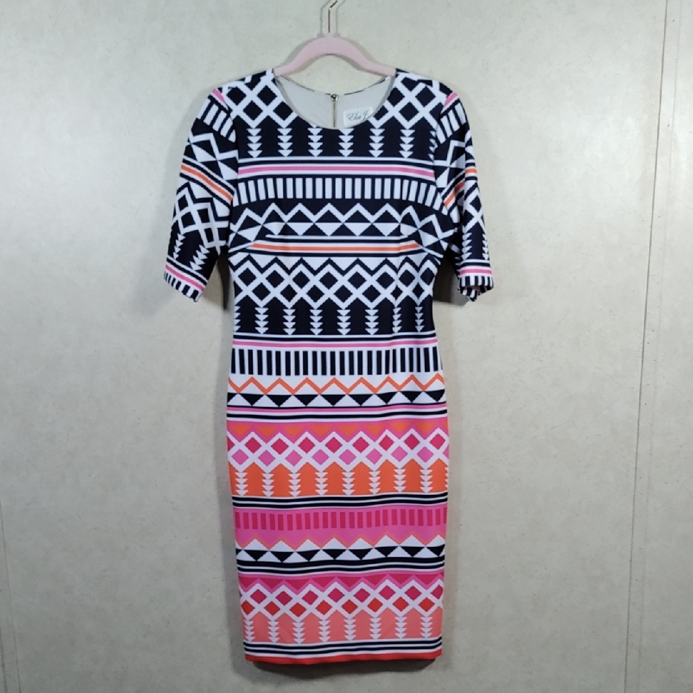 6123 Eliza J. navy, pink & orange knit geometric print S/S dress 8